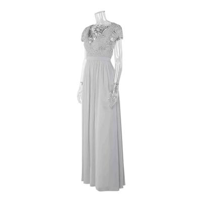 China Custom Made V-neck Water Soluble Flower Anti-Static Pleated Hollow Gray Bridesmaid Dresses Long for sale