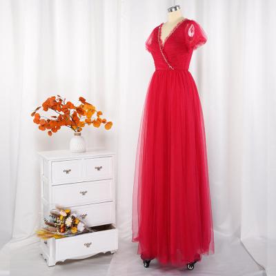 China Anti-Static Fashion Custom V-Neck Pleated Red Tulle Short Sleeve Beaded Girl Dresses Long Formal Dress for sale