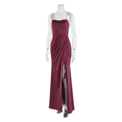 China Anti-Static Factory Wholesale Spaghetti Straps Burgundy Evening Dress Women's Long High Slit Dresses for sale