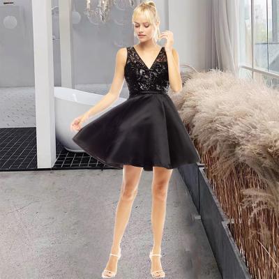 China Anti-Static Sleeveless Deep V Neck Evening Dresses Pearl Satin Good Quality Women Dress With Pockets for sale