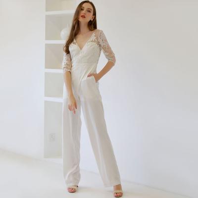 China Custom Made QUICK DRY Backless Half Neck Sleeve V White Embroidered Fashion Overalls Women for sale