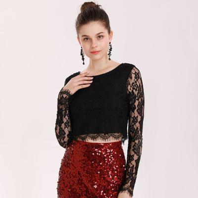 China Anti-wrinkle design unique wavy edge round collar crocheted zipper lace long sleeve tops woman for sale