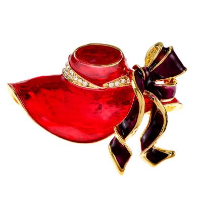 China Fashionable Vintage Red Eanmel Hat Brooch Pin Rhinestone Ribbon Design Jewelry Accessories For Women High Quality for sale