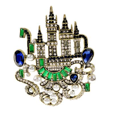 China Large Rhinestone Fairy Tale Castle Brooch Pin Coat Winter Jewelry Women Even Fashionable Pearl Accessories 3 Colors Available for sale