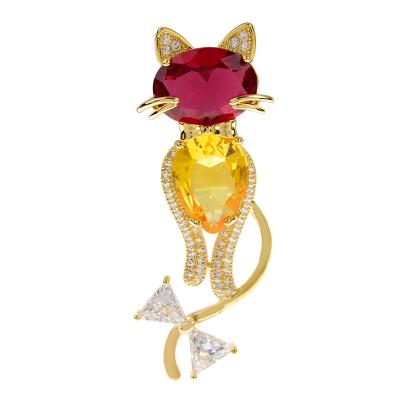 China Zircon Pin Animal Design Copper Jewelry of Cat Brooches For Women Shining Zircon Colorful Cute Fashionable Full Luxury for sale