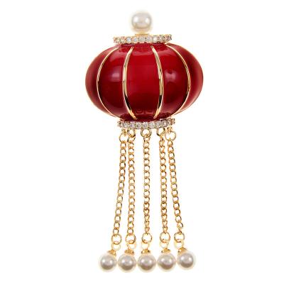 China New Fashionable Chinese Feng Red Lantern Brooch Pin Creative Jewelry For Women Long Tassel Festival Accessories High Quality for sale