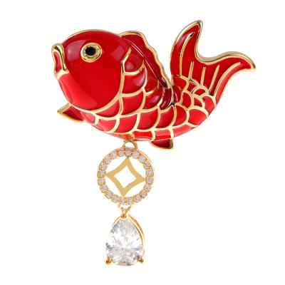 China Fashionable Feng Red Carp Brooch Pin Chinese Zircon Chinese Coin Design Ancient Middle More Than Every Year Jewelry Festival Jewelry for sale