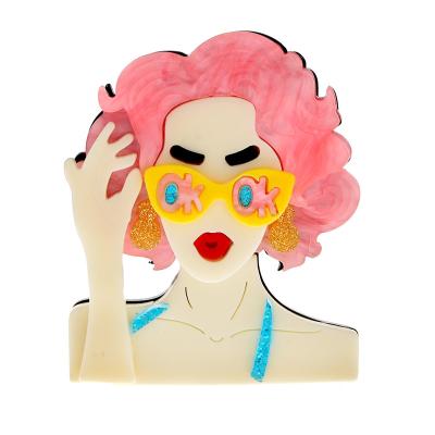 China Fashionable Acrylic Pink Hair Wear Glass Girl Brooch Pin Modern Lady Fashion Jewelry Acetate Fiber Material for sale