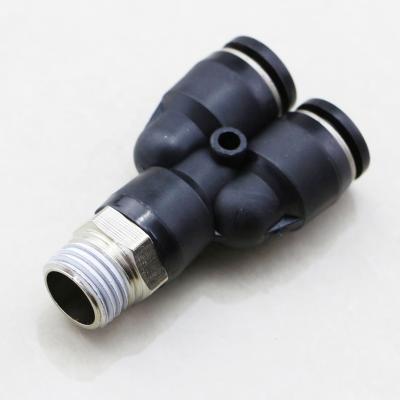 China Soft Nylon or Polyurethane PX PYB Three Way Quick Connect One Touch Air Fittings Male Thread Y Brass Nickel Plated Tee Hose Fitting for sale