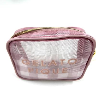 China Wholesale Mesh Cloth Factory Mesh Material With Zipper Cute Square Plaid Cosmetic Bag for sale