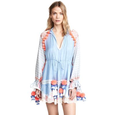 China Autumn New Breathable Turn-down Collar Long Sleeves Shirts Embroidery Fringe Blouses Dress for sale