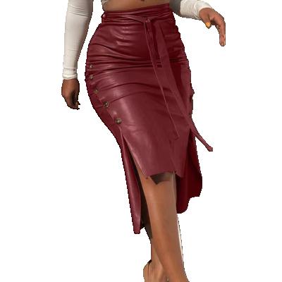 China 2021 Autumn/Winter Anti-Static Leather Skirt Split PU Slim Mid Long Skirt With Hip Leather Women's Skirts for sale