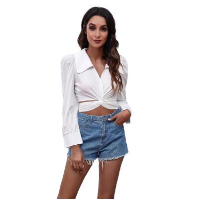 China Breathable Front Cross Sleeve White Long Sleeve Women's Blouses And Shirts And Link Breathable Sleeve Doll Collar Chiffon Back Short Shirt for sale