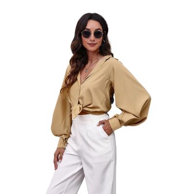 China 2022 Breathable Lantern Sleeve Solid Color Lapel Long Sleeve Chiffon Women's Blouses And Shirts for sale