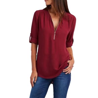 China 2021 Plus Size Anti-pilling V-Neck Zipper Long Sleeve Pullable Sheath Loose Chiffon Women's Casual Women's Blouses And Shirts for sale