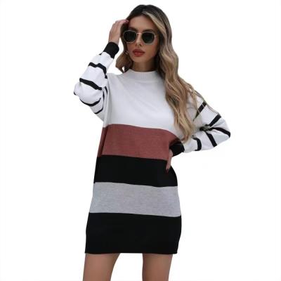 China 2021 breathable autumn and winter European new color matching high collar bottom half and American stripe long knitted dress women sweater for sale