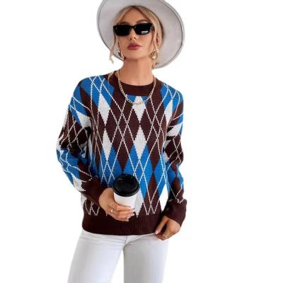 China 2021 Retro Breathable Color Diamonds Lattice Casual Loose Geometric Graphics Knit Women's Sweaters for sale