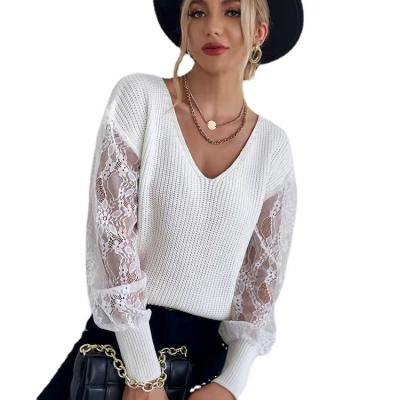 China 2021 breathable autumn and winter new lace sweater v-neck stitching white pattern knit women's sweaters for sale