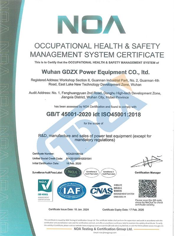 Occupational Health & Safety Management System Certificate - Wuhan GDZX Power Equipment Co., Ltd