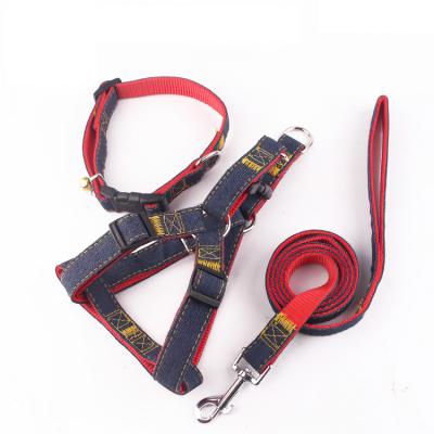 China Low Price Pet Soft Durable Denim Harness Dog Collar And Leash Nylon Stocked Harness Set for sale