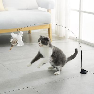 China Strong Wire Stocked Cat Treaser Feather Toy Steel Long Rod Cat Feather Suction Cup Replaceable Bite-Resistant Funny Cat Stick for sale