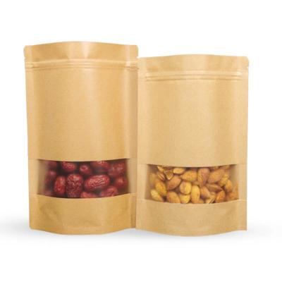 China Brown Custom Printed Logo Cheap Price Food packing Stand up zip Kraft Paper Bag With Clear Windows for sale