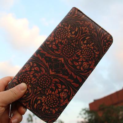 China Lady Purse Factory Direct Western Zipper Anti-theft Travel Around Leather Women's Wallet Tooled Vegan Leather Long Clutch Wallet With Card Slots for sale