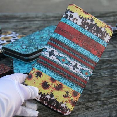 China Wholesale Anti-theft Fashion Cowhide Vintage Anti-theft Cheap Colorful Sunflower To Turquoise Card Holder PU Leather Lady Long Grab Women Wallet For Girls for sale