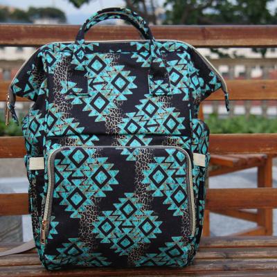 China Multi-Functional Azetc Turquoise Leopard Backpack Diaper Bag Western Large Capacity Water Resistant Baby Travel Mum Backpack Bags for sale