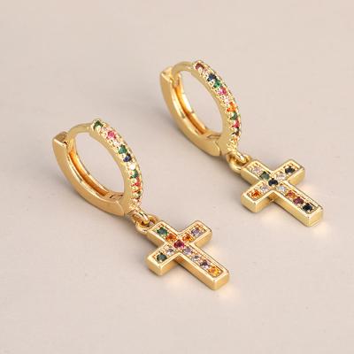 China FASHIONABLE New Arrival 18K Gold Plated Cross CZ Shiny Zircon Circle Hoop Earrings Cross For Women Geometric Earrings for sale