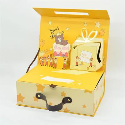 China Wholesale Materials 2023 Recycled Cute Cartoon Cardboard Magnetic Suitcase Shaped Gift Box Kids Birthday Packing Gift Box Cardboard Suitcase for sale