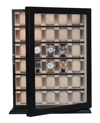 China Hangling Type 12/20/30 Slots Watch Collectors Display Box Black Wooden Watch Cabinet Stand for sale