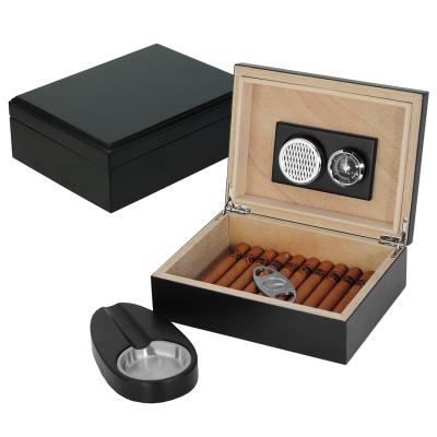 China Handmade Cigar Humidor Sonny Humidor Set Black Matte Lacquer Wood Seal Cigar Box for sale