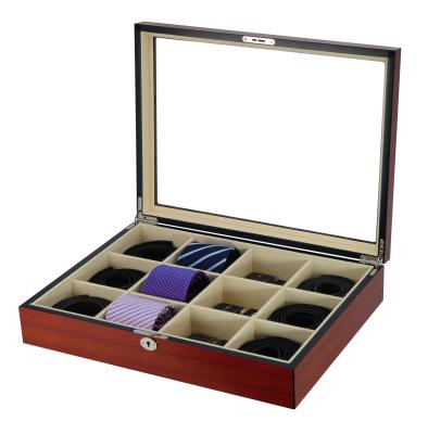 China Wood 12 Slots Large Cherry Luxury Wooden Tie and Belt Organizer Box for Women Men for sale