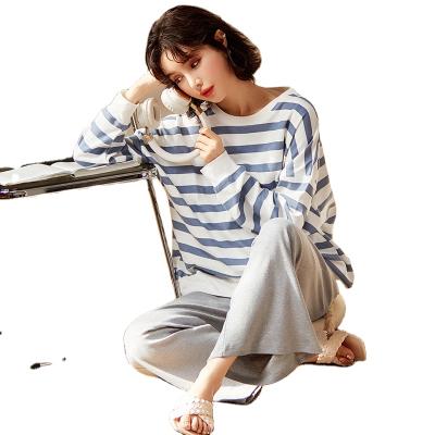 China Casual Style Long Sleeve QUICK DRY Nightgowns Striped Sleepwear Women Winter Cotton Korean Print Pajamas for sale