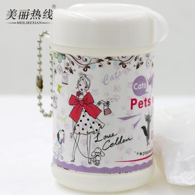 China 30pcs Customized Mini Pet Wet Cleaning Cloth In Plastic Canister With Key Chain Pet Body Cloth Cleaning Cloth for sale