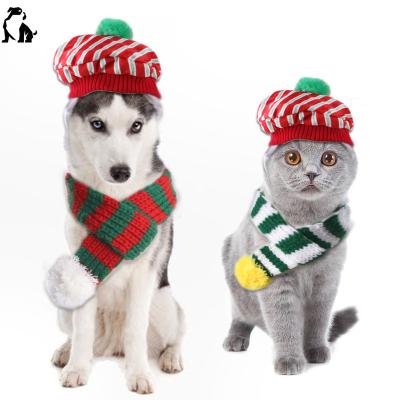 China Viable HANDOU Pet Christmas Clothes Accessories Knitted Dog Christmas Scarf Set Christmas Hat For Dog Cat Scarf for sale