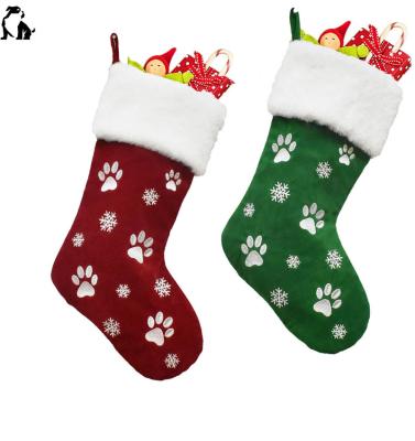 China HANDOU Christmas Decoration Supplies Viable Dog Christmas Stocking Embroidery Pawprint Snowflake Christmas Decor Custom Socks for sale