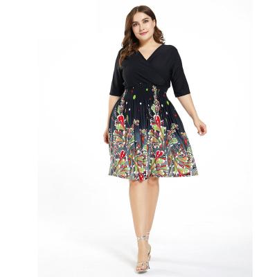 China Spring Washable V-Neckline Printed Midi Ladies Elegant Women Plus Size Dresses 4xl 5xl 6xl 7xl for sale