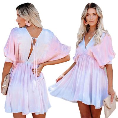 China Anti-Static Tie Dye Deep Bat Sleeve V-Neck Summer Midi Casual Dresses Backless Women Hollow Out for sale