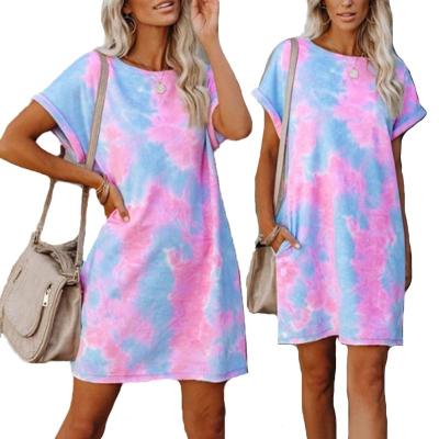 China Casual Shirt Midi Shirt Dresses Summer Round Neck Anti-Static Tie Dye Custom Sleeve Shorts For Women for sale