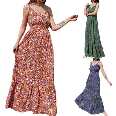 China Women's Floral Maxi Casual Dresses For Summer V-Neck Backless Anti-Static French Chiffon Smocked Sleeveless for sale