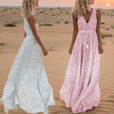 China Breathable Hot Selling Bohemian Casual Dresses China Polka Dot Maxi Women Dress Summer Sleeveless V-Neck Beach Beachwear for sale