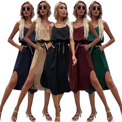 China Anti-Static Sleeveless Backless Dress Women Solid Color Midi Slip A-Line Casual Dress With Slit for sale