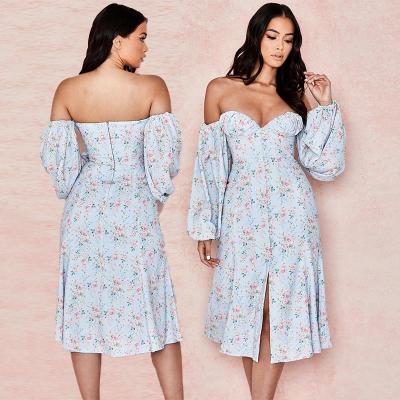 China Anti-Static Long Puff Sleeve Off Shoulder Backless Dress Summer Women Tube Button Midi Casual Dress With Slit for sale