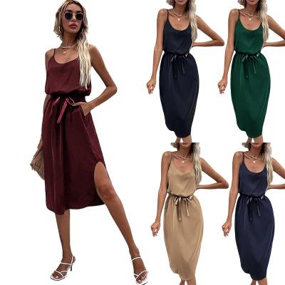 China Summer Solid Color Anti-Static Sleeveless Backless Off The Shoulder Slip Dress With Midi Split Casual Dresses for sale