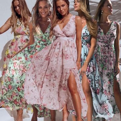 China Copy Sleeveless Maxi Casual Dress With Split Chiffon Women's Deep V Neckline Summer Beach Dress Anti-Static for sale