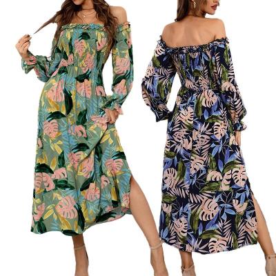 China African Women Maxi Casual Dresses With Split Print Summer Anti-Static Long Sleeve Backless One Shoulder for sale