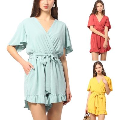 China Summer Solid Color Short Sleeve Anti-Static French V-Neck Beach Pleated Satin Ruffle Short Casual Dresses for sale