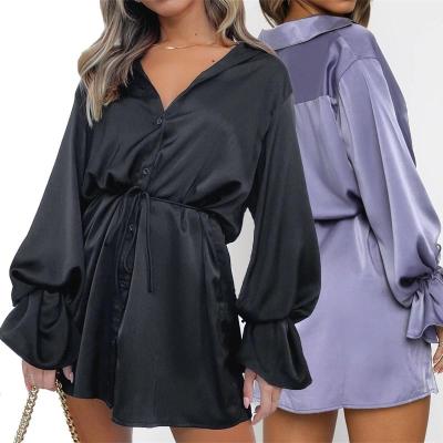 China Solid Color Anti-Static Flare Spring Long Sleeve Button Up Dress Women Satin Midi Casual Dress Elegant Ladies for sale